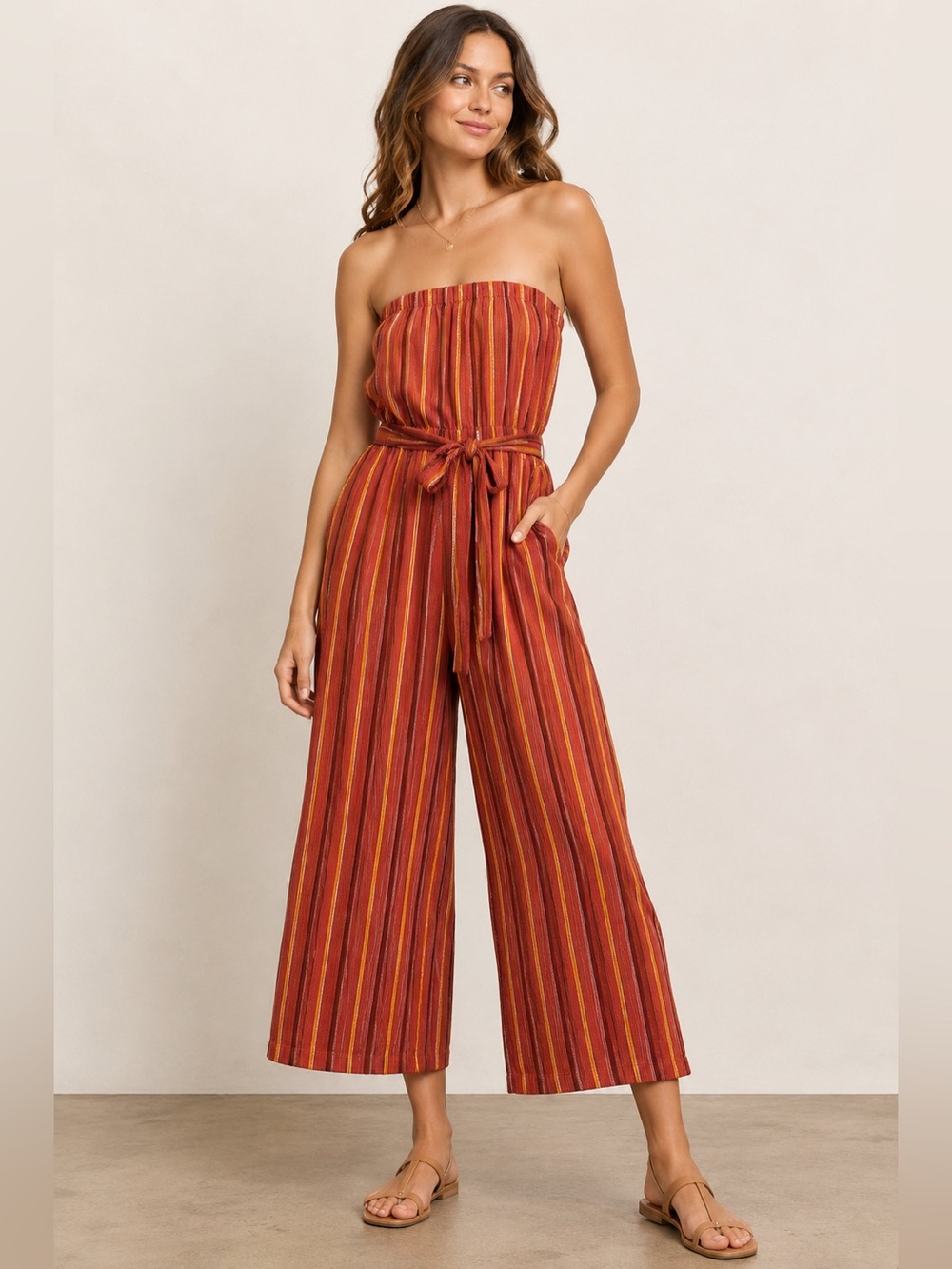 Shosho Strapless Stripe Wide Leg Jumpsuit Rust Orange Size XL